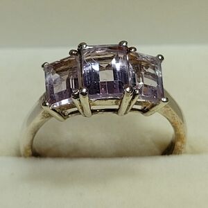 Sterling silver three-stone (trilogy) ring with emerald-cut or step-cut rectangu